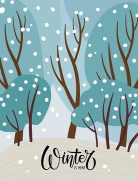 Winter landscape. Winter forest. Winter is here calligraphy lettering. Abstract Stock Illustration