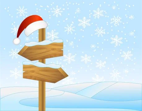 Winter landscape with a wooden  pointer and christmas cap Stock Illustration