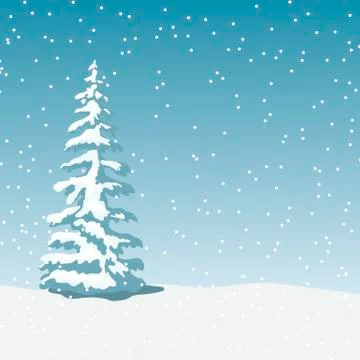 Winter landscape with x-mas tree, snowfall at twilight Stock Illustration