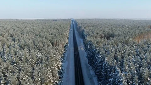Winter landscape,road and snow covered trees. Aerial view of highway among the Stock Footage 120987066