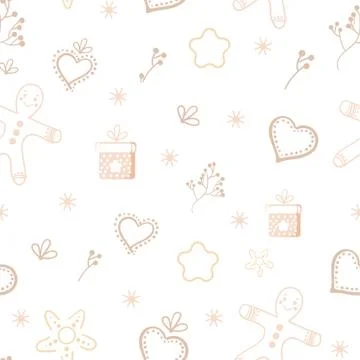 Winter light background with gingerbread. Beige and pink. Seamless pattern. V Stock Illustration