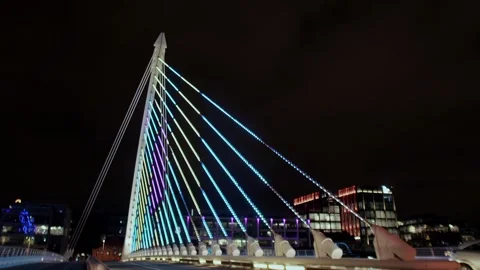 Winter Lights on Samuel Beckett Bridge at Night Stock Footage 295993702