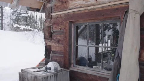 Winter Log Cabin Window And Icicles Stock Footage 154071044