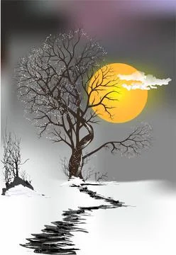Winter lonely tree, Stock Illustration