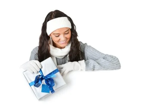 Winter: looking down with christmas gift Stock Photos