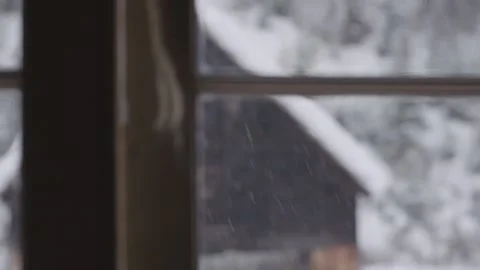 Winter Looking Out Log Cabin Window Rack Focus String Video stock 154137108