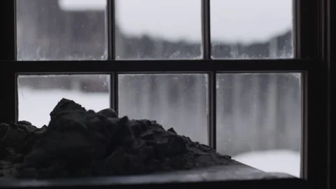 Winter Looking Out Log Cabin Window Rack Focus Stock Footage 154137131