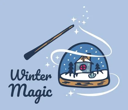 Winter magic card vector illustration. Christmas snow globe with wand and Stock-Illustration