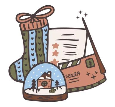 Winter magic. Cozy Christmas composition with stocking, snow globe and letter Stock Illustration