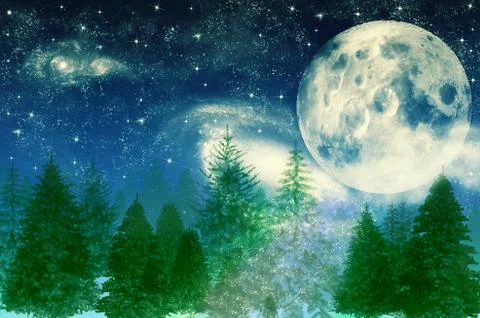 Winter magic night scene, starry sky, snow, moon and forest background. Stock Illustration