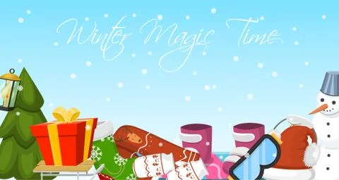 Winter magic time banner vector illustration. Nature landscape with Christmas Ilustração Stock