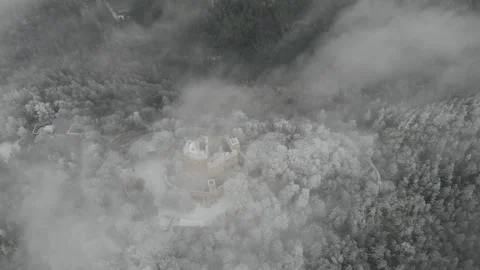 Winter Majesty Drone Flight Over Ancient Snowy Ruins Stock Footage 305763650