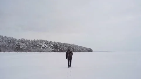 In winter a man goes into the distance 스톡 동영상 146975835