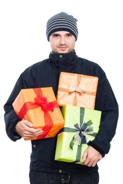 Winter man with presents Stock Photos