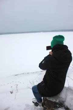 Winter man river Stock Photos