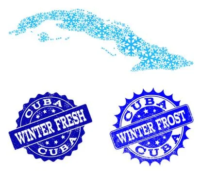 Winter Map of Cuba Island and Winter Fresh and Frost Grunge Stamps イラスト素材