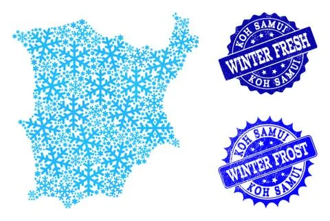 Winter Map of Koh Samui and Winter Fresh and Frost Grunge Stamps Stock Illustration