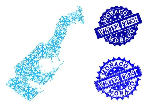 Winter Map of Monaco and Winter Fresh and Frost Grunge Stamps Stock-Illustration