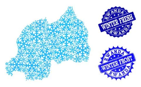 Winter Map of Rwanda and Winter Fresh and Frost Grunge Stamps 스톡 일러스트