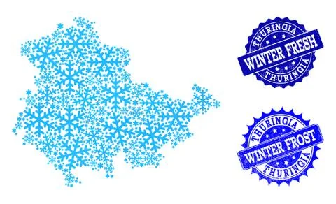 Winter Map of Thuringia State and Winter Fresh and Frost Grunge Stamps Illustrazione stock