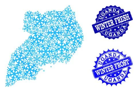 Winter Map of Uganda and Winter Fresh and Frost Grunge Stamps Stock Illustration
