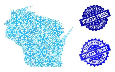 Winter Map of Wisconsin State and Winter Fresh and Frost Grunge Stamps Illustrazione stock