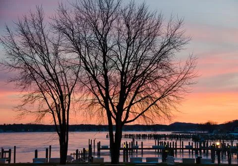 Winter marina sunset Stock Photos