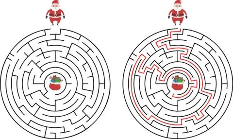 Winter Maze Labyrinth Game with answer. Help Santa find the way out of the Stock Illustration