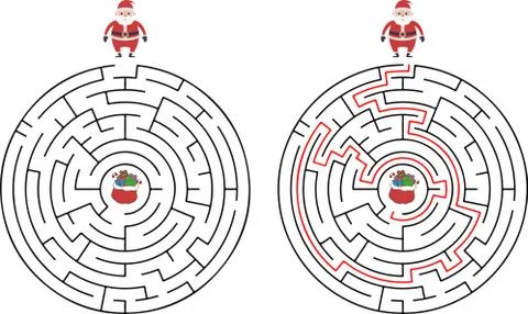 Winter Maze Labyrinth Game with answer. Help Santa find the way out of the Stock Illustration