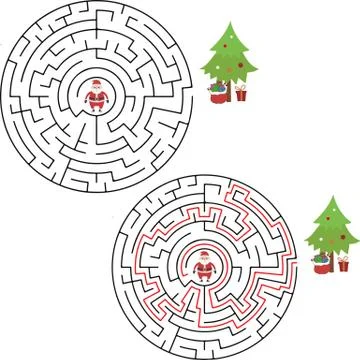 Winter Maze Labyrinth Game with answer. Help Santa find the way out of the Stock Illustration