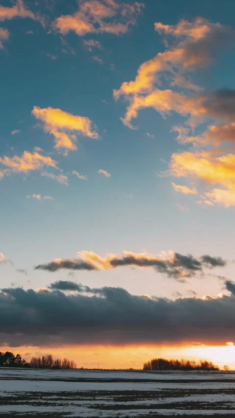 Winter Meadow Field At Evening Sunset. Natural Bright Dramatic Sky Colours Abov Stock Footage 341174005