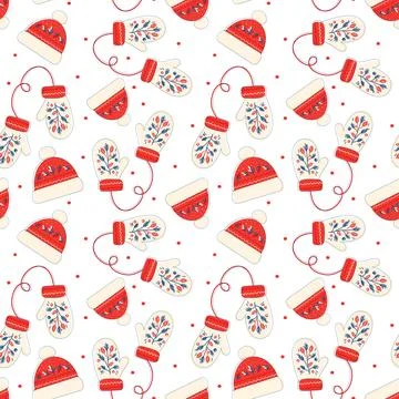 Winter mittens and hat background in bright christmas colors. Stock Illustration