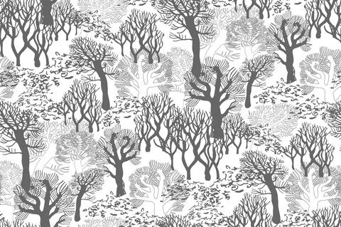 Winter monochrome seamless pattern with park of bare trees. Stock Illustration