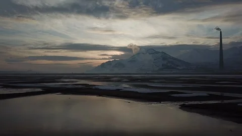 Winter Morning Aerial Over Salt Lake With Smoke Smelter Chimney, Stock Footage