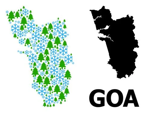 Winter Mosaic Map of Goa State of Snowflakes and Fir Forest Stock Illustration