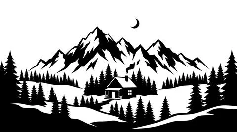 Winter Mountain Cabin Silhouette with Pine Forest and Crescent Stock Illustration