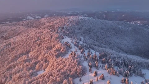 Winter Mountain Forest Sunset Orbit Flight Stock Footage 336277762