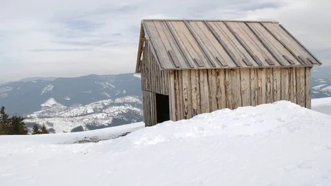 Winter in mountain, horizontal panorama. House in the foreground. Stock Footage 72901174