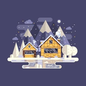 Winter Mountain House with Chimney Stock Illustration