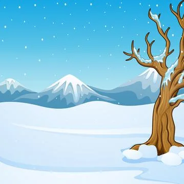 Winter mountain landscape with bare tree Stock Illustration