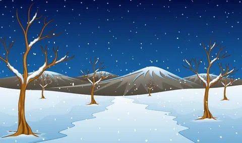 Winter mountain landscape with bare trees and road Stock Illustration