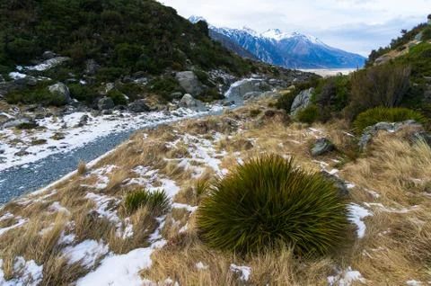 Winter mountain landscape with hiking path. Trekking in the mountains Stock Photos