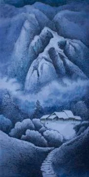 Winter mountain landscape with huts Illustrazione stock
