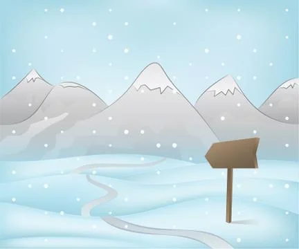 Winter mountain landscape scene with road pointer at snowfall vector Illustrazione stock