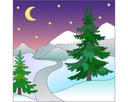 Winter mountain landscape with spruce trees in snowdrifts. Moonlit night Stock Illustration