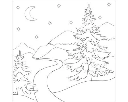 Winter mountain landscape with spruce trees in snowdrifts. Moonlit night Stock Illustration