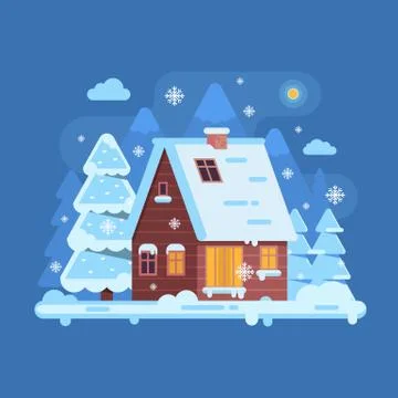 Winter Mountain Log Cabin Stock Illustration