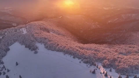Winter Mountain Meadow Sunset Flight Glow Stock Footage 336277582