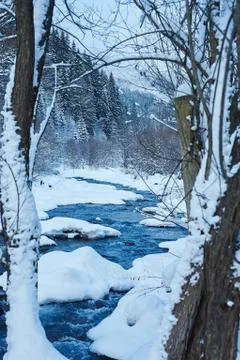 Winter mountain river after the snowfall Stock Photos