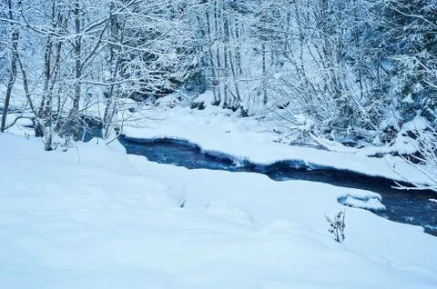 Winter mountain river after the snowfall Stock Photos